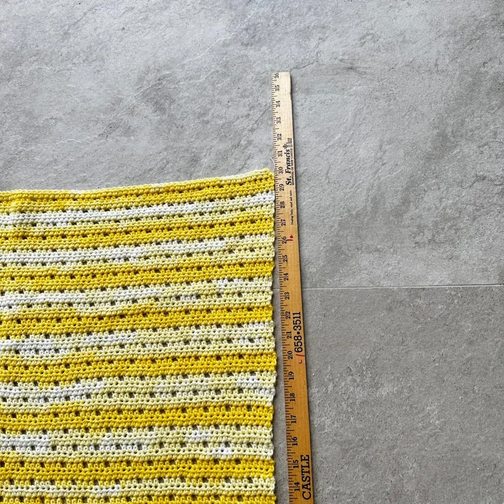 Handmade Crochet Baby Blanket Yellow White Striped Knit Nursery Throw 28x30